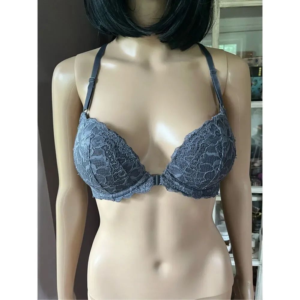 PINK VS Gray Lace Front Hook Racerback Bra sz. 32DD EUC